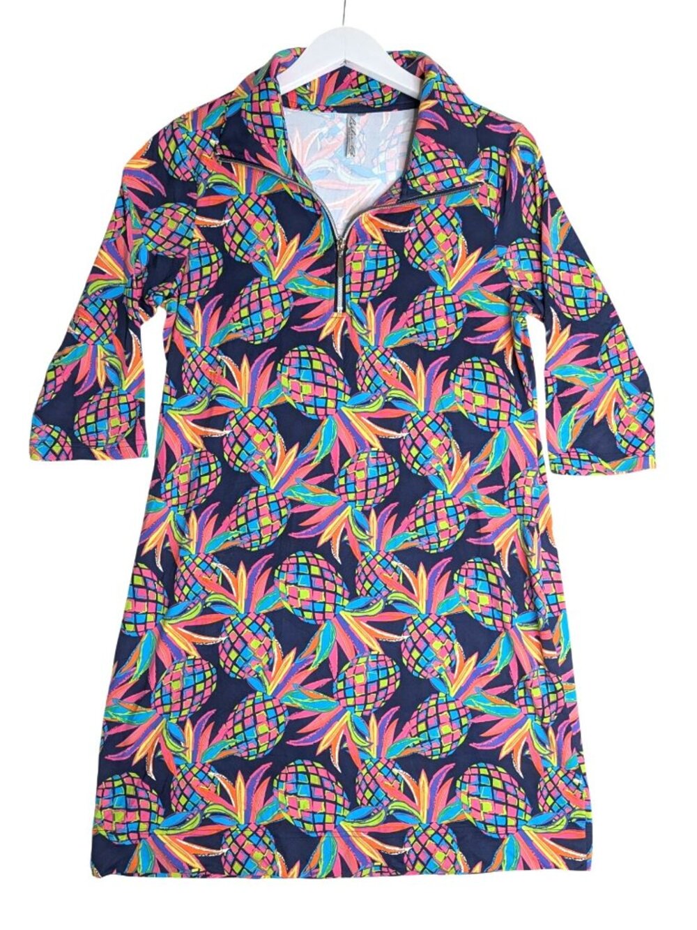 Lulu B Half-Zip Pineapple Print Dress 3/4 Sleeve Navy Multicolor Size M